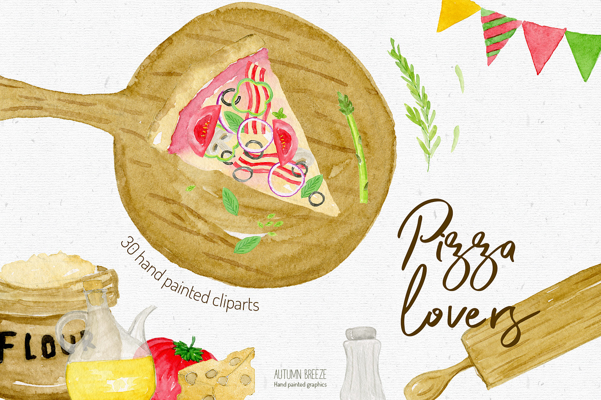 Watercolor pizza clipart in Illustrations - product preview 8