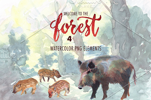 watercolor in the forest clipart in Illustrations - product preview 2