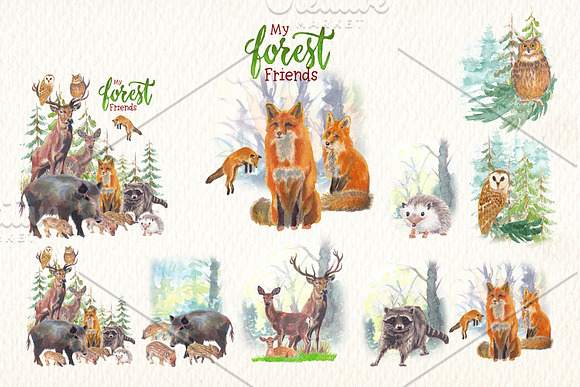 watercolor in the forest clipart in Illustrations - product preview 5