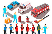 Rescue service workers isometric set