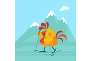 Rooster Skiing in Mountains Cartoon
