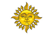 Sun with face color sketch engraving