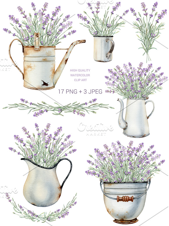 Watercolor vintage lavender clip art in Illustrations - product preview 2