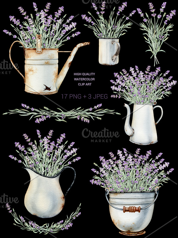 Watercolor vintage lavender clip art in Illustrations - product preview 3