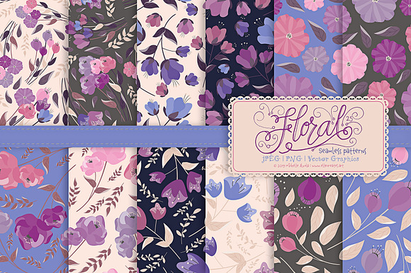 Flora 25 Purple Seamless Patterns in Patterns - product preview 1