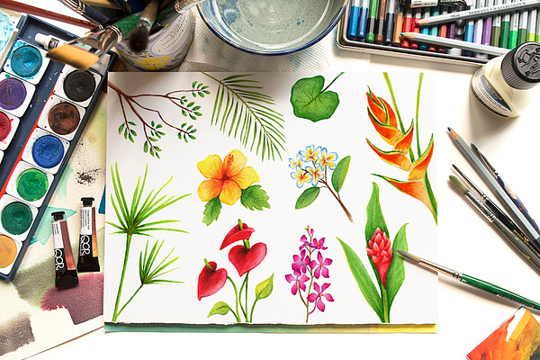 Watercolour Tropical Flowers Pack