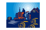 Farmer driving tractor hay bale farm