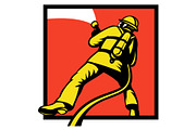 Firefighter or fireman aiming a fire