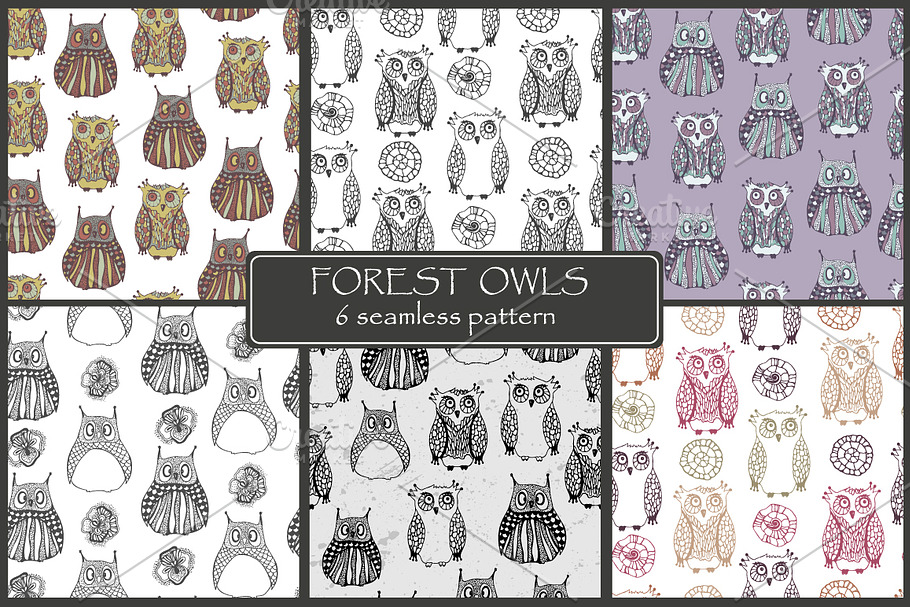 Forest owls. Seamless patterns.