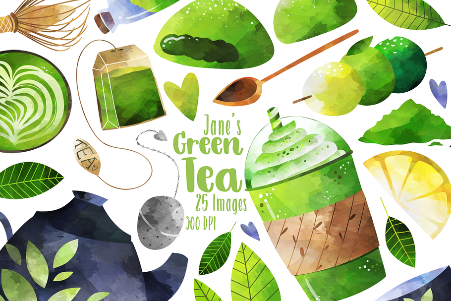 Watercolor Green Tea Clipart in Illustrations - product preview 8
