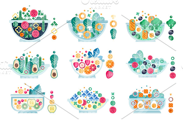 Flat vector set of delicious salads