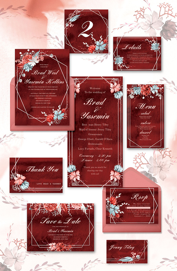 Marsala Watercolor Wedding Suite in Wedding Templates - product preview 6