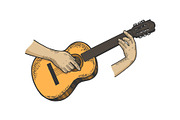 Hands acoustic guitar color sketch