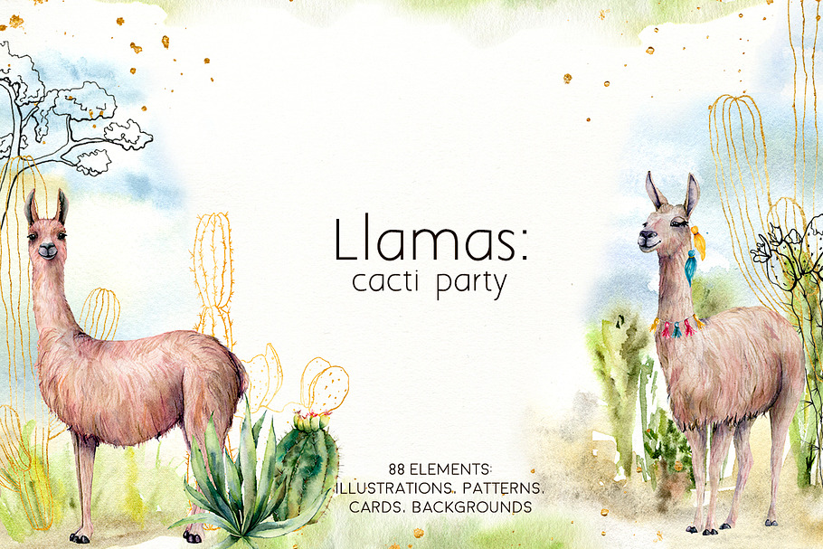 Llamas: cacti party. Watercolor