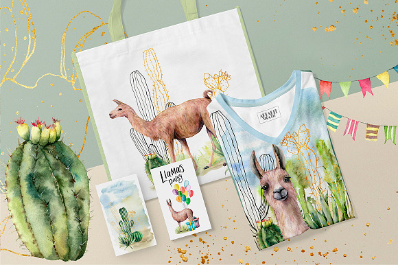 Llamas: cacti party. Watercolor in Illustrations - product preview 1