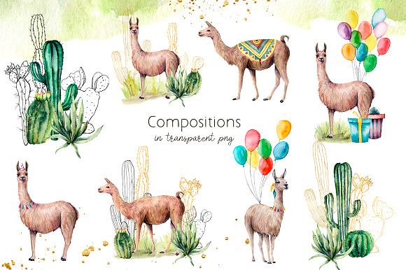 Llamas: cacti party. Watercolor in Illustrations - product preview 6