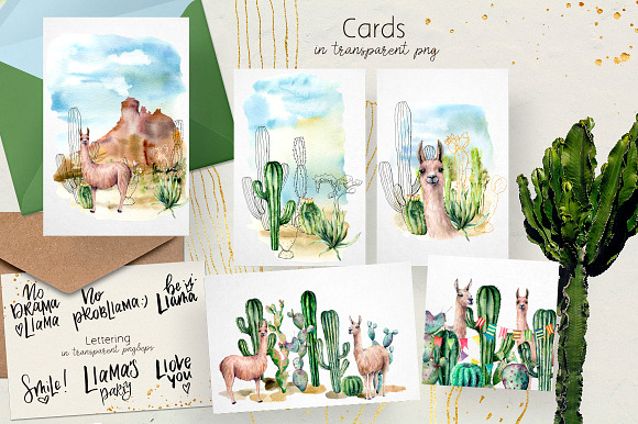 Llamas: cacti party. Watercolor in Illustrations - product preview 7