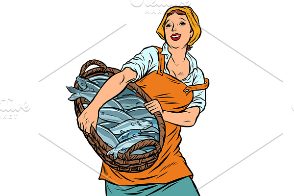 woman fisherman with a basket of