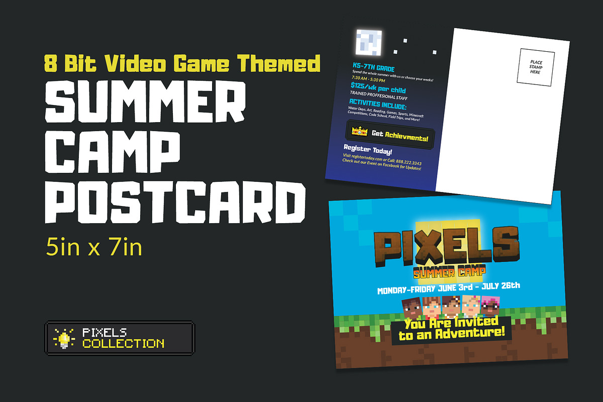 8 Bit Themed Summer Camp Postcard in Postcard Templates - product preview 8