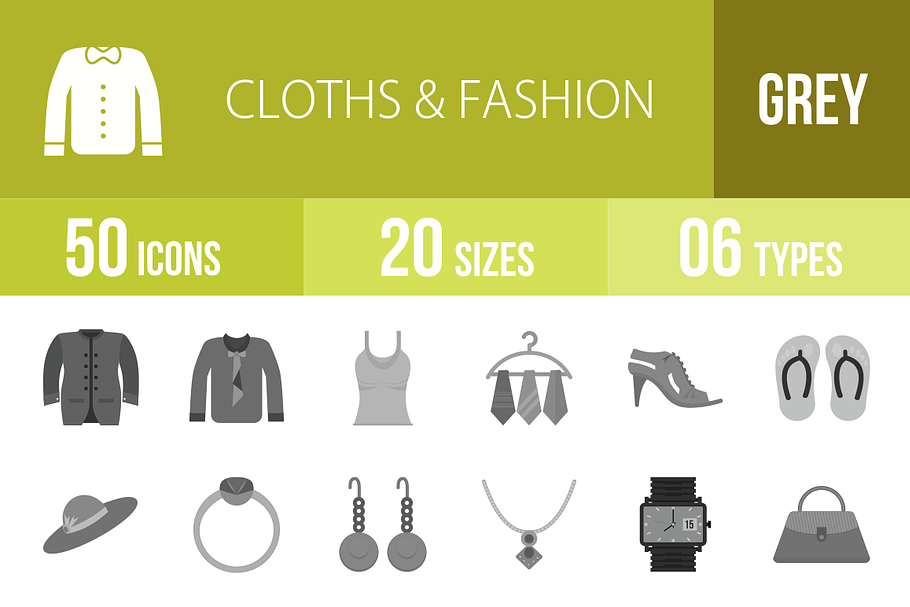 50 Clothes & Fashion Greyscale Icons