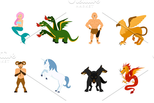 Mythical creatures cartoon set