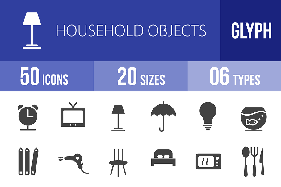 50 Household Objects Glyph Icons