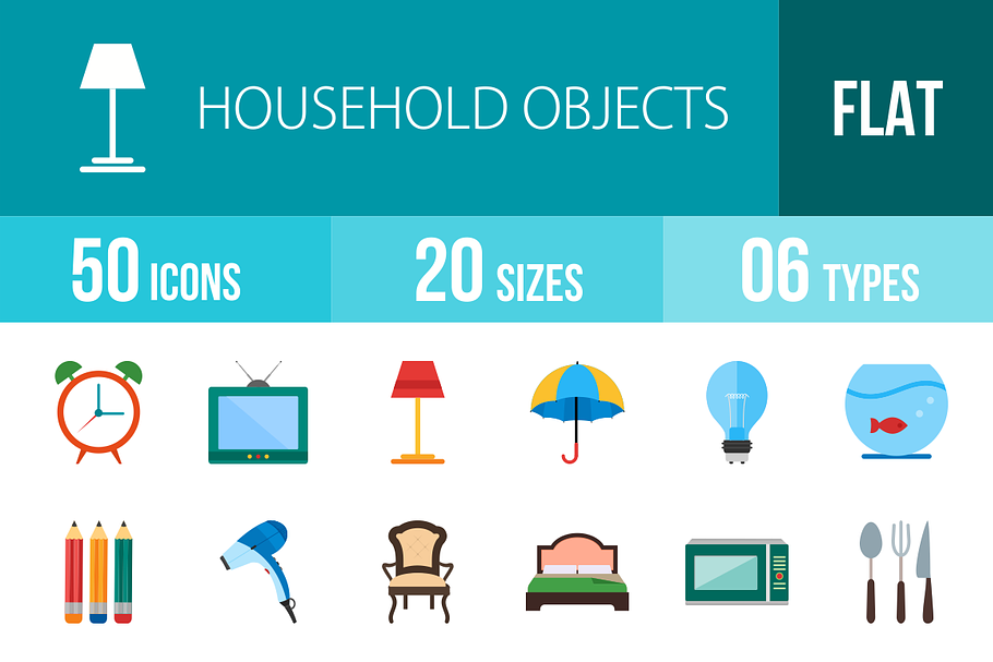 50 Household Objects Flat Multicolor in Graphics - product preview 8