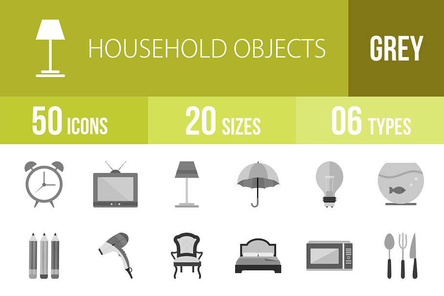 50 Household Objects Greyscale Icons