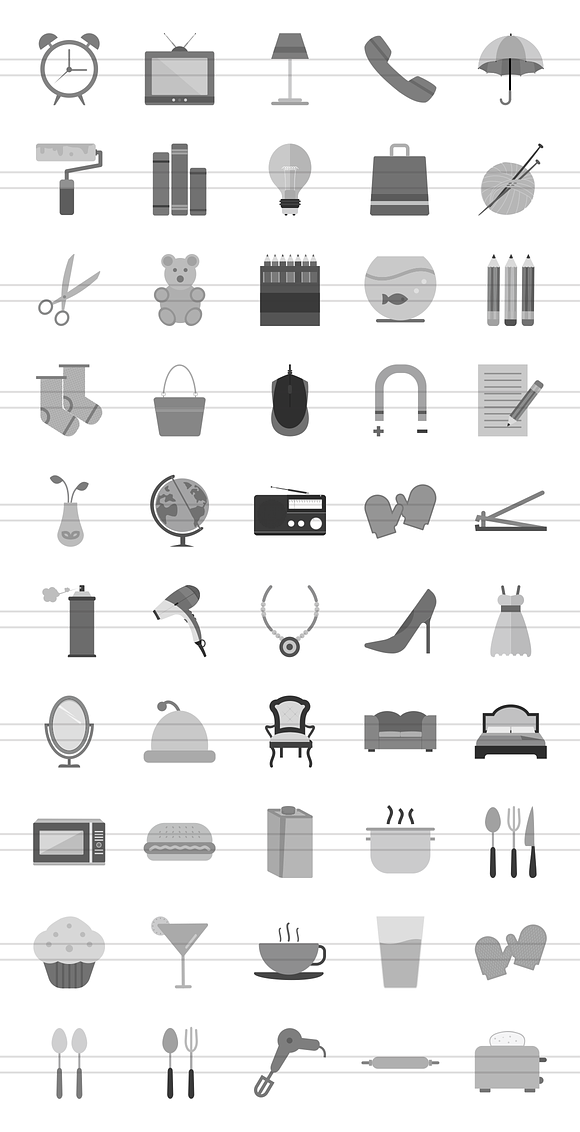 50 Household Objects Greyscale Icons in Icons - product preview 1