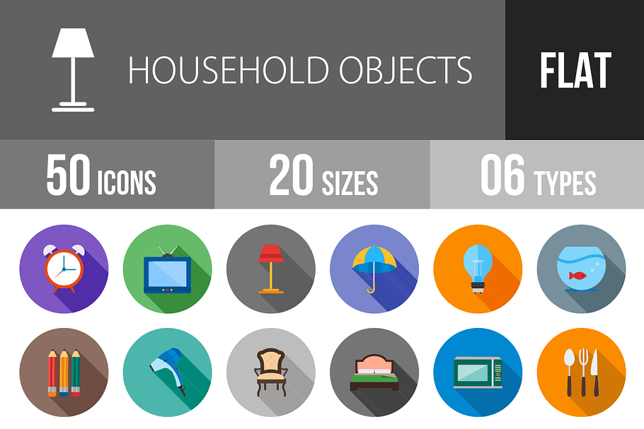 50 Household Objects Flat Shadowed
