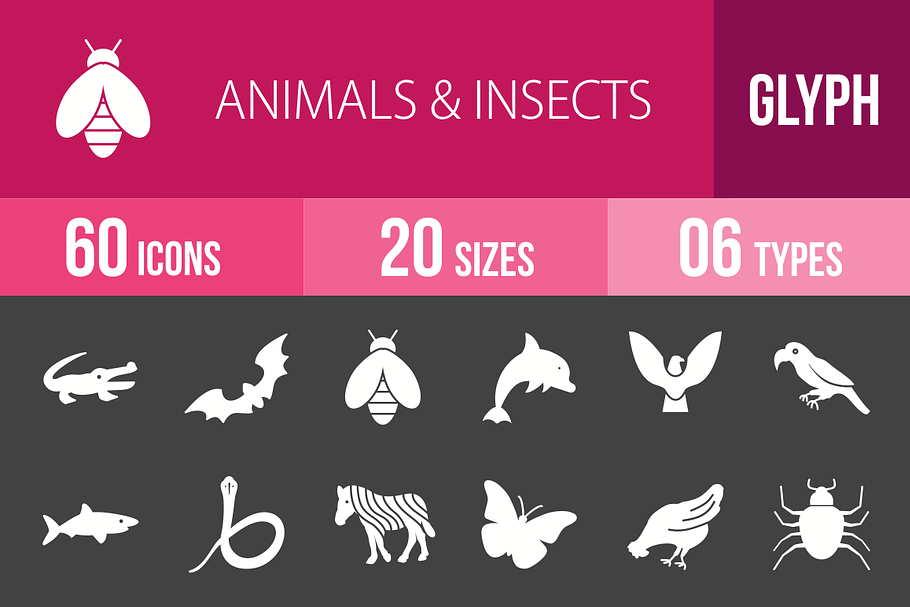 60 Animals & Insects Glyph Inverted