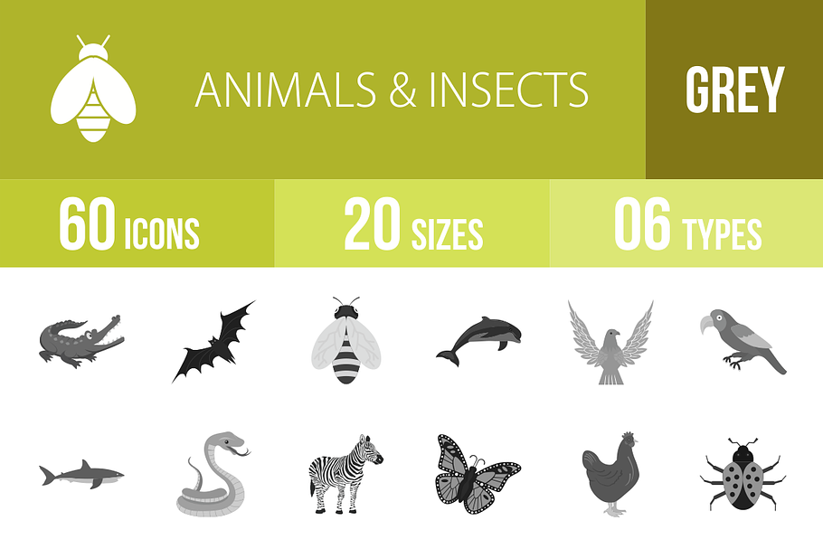 60 Animals & Insects Greyscale Icons