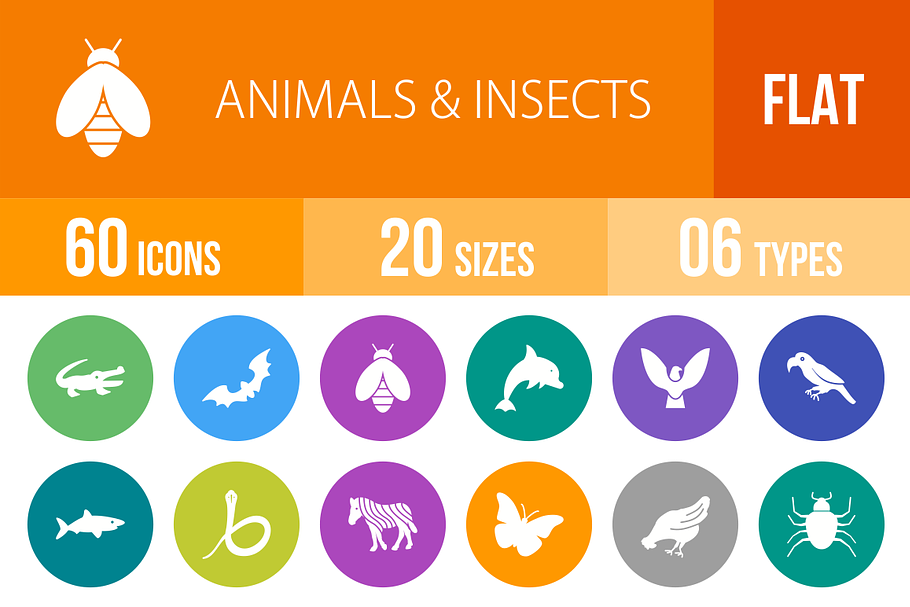 60 Animals&Insects Flat Round Icons