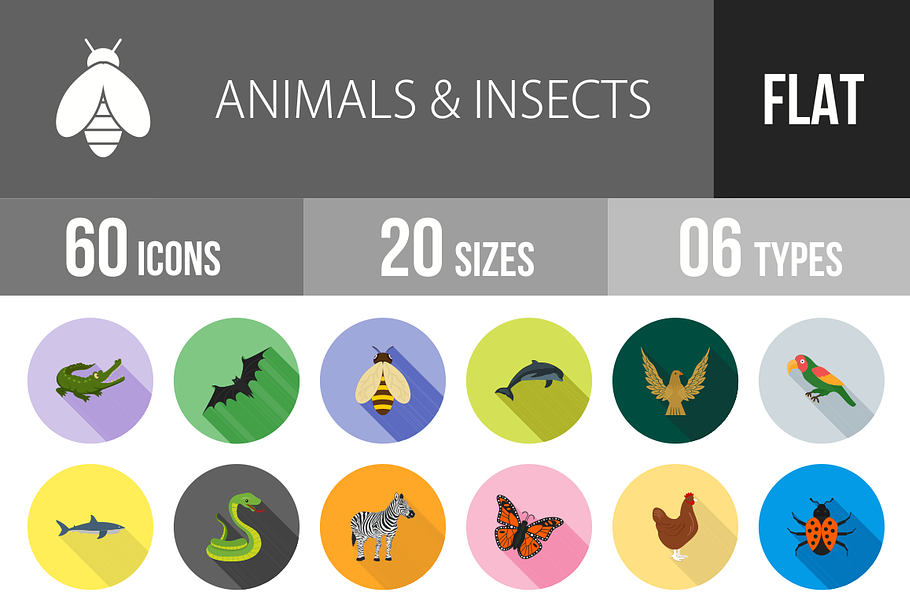 60 Animals & Insects Flat Shadowed