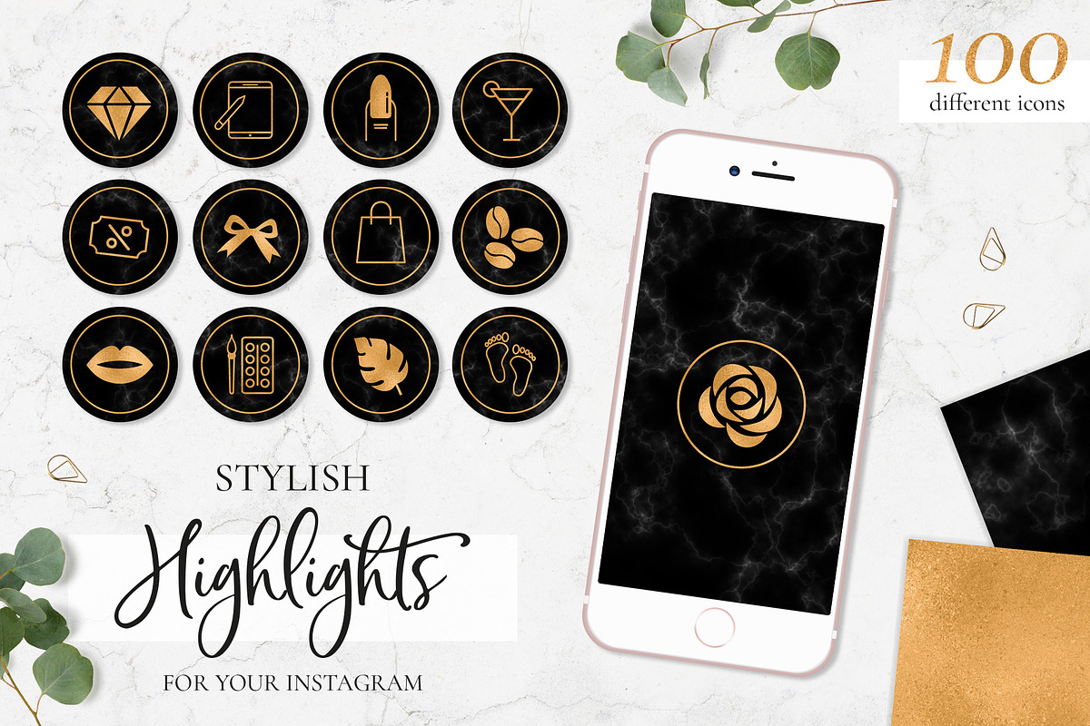 100 Gold Story Highlights. Marble in Instagram Templates - product preview 8