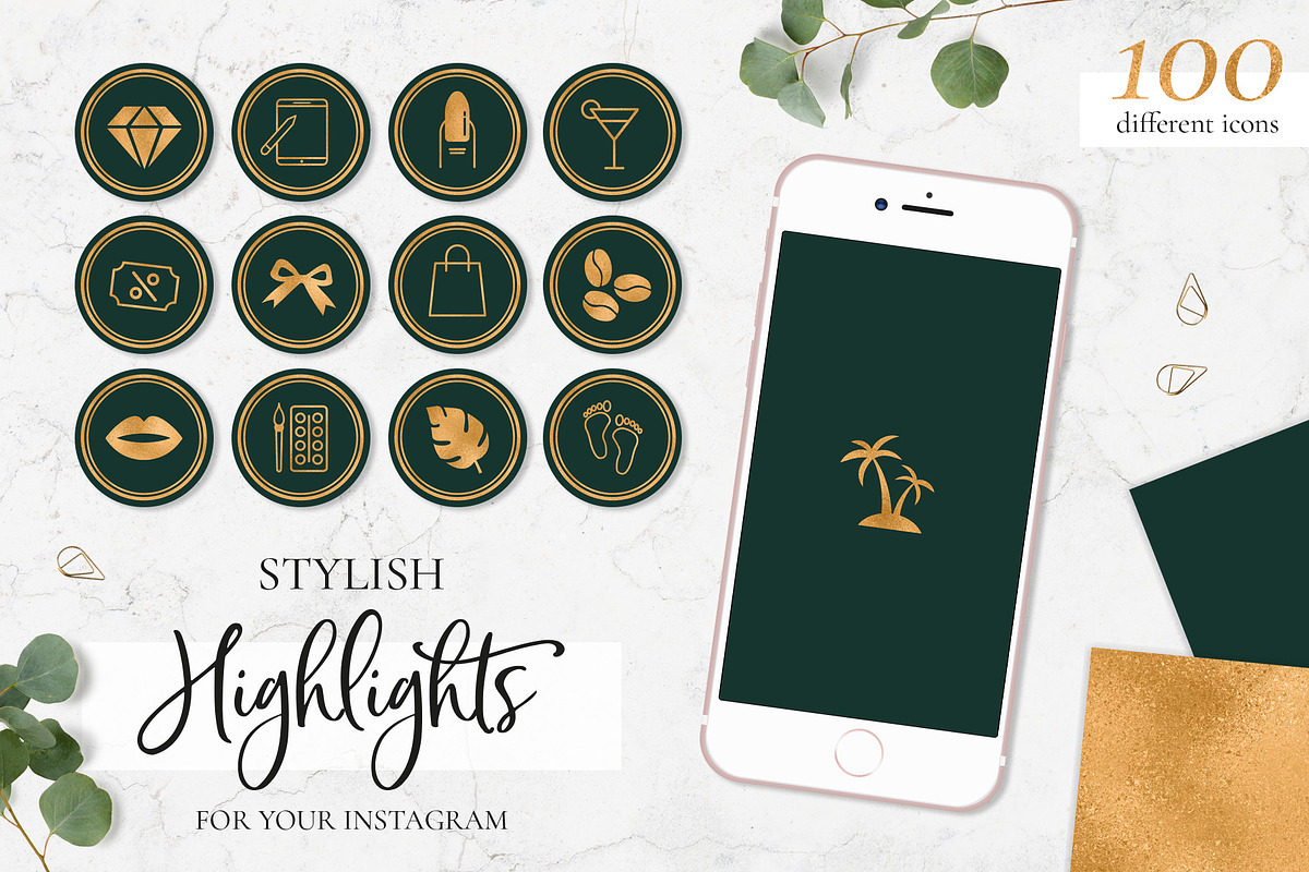 100 Story Highlight. Gold & Green in Instagram Templates - product preview 8