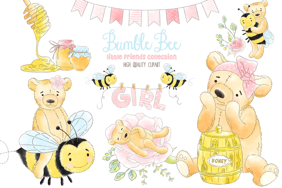 Girl Bear Bumble Bee Honey clipart in Illustrations - product preview 8