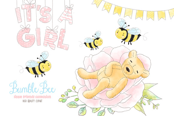 Girl Bear Bumble Bee Honey clipart in Illustrations - product preview 1