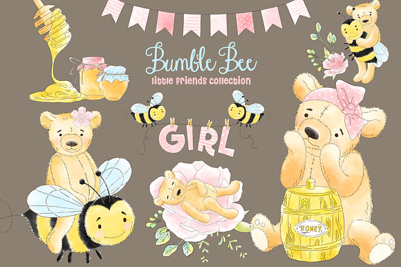 Girl Bear Bumble Bee Honey clipart in Illustrations - product preview 3