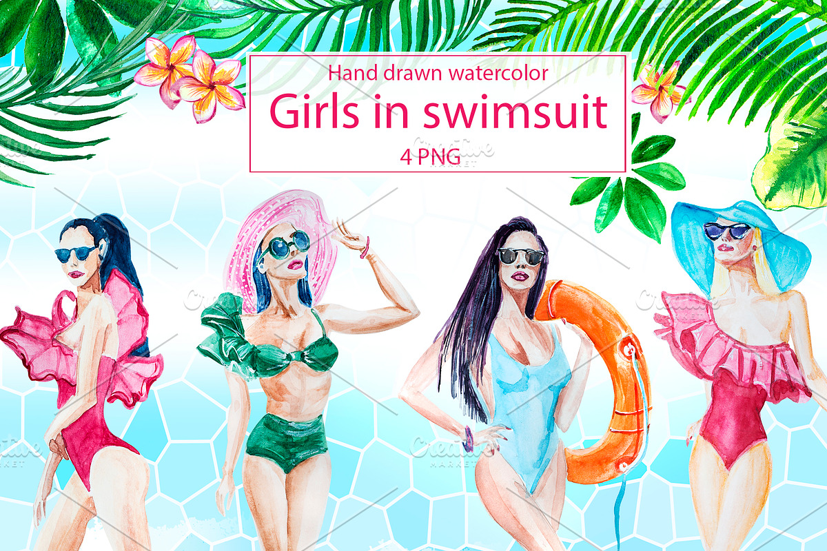 Fashion Girl in swimsuit watercolor. in Illustrations - product preview 8