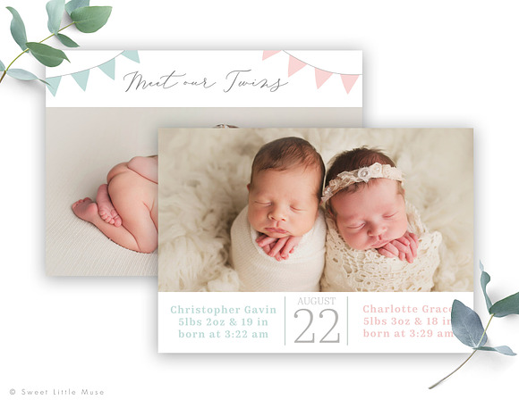 Twin Birth Announcement Template in Card Templates - product preview 1