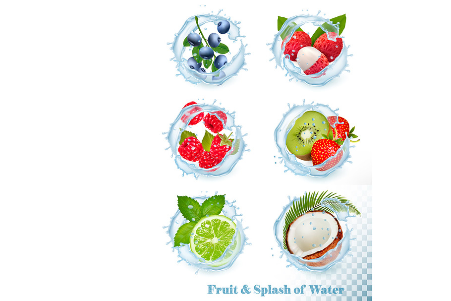 Set of water splashes with fruit