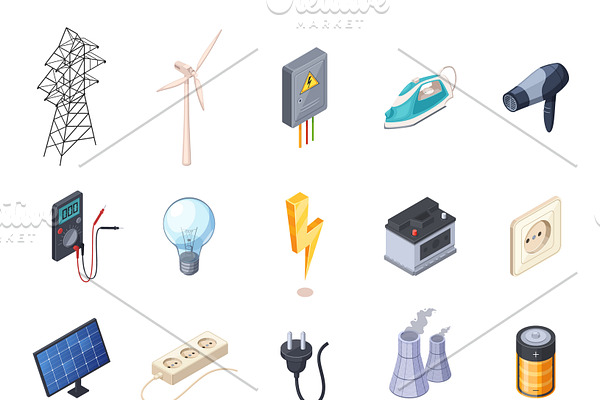Electricity isometric icons set