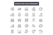 Migration emigrant line icons, signs