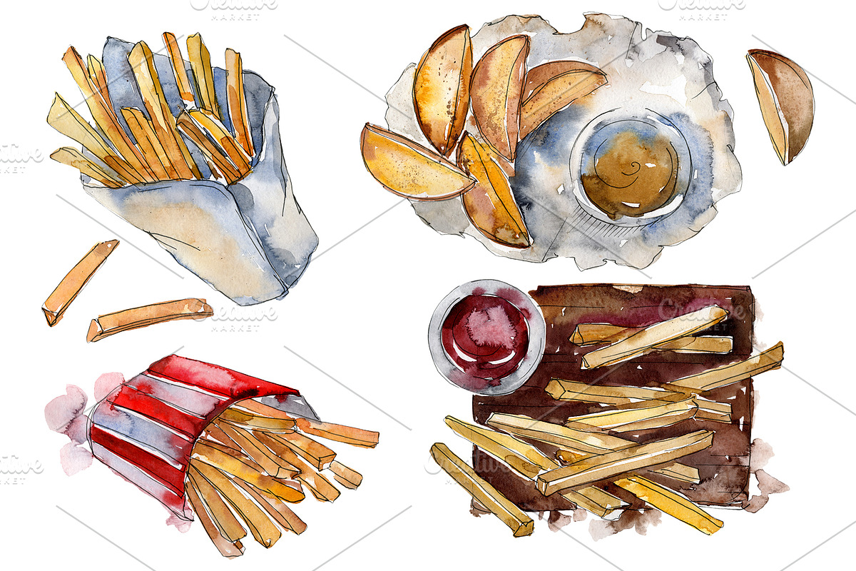 Watercolor French fries PNG in Illustrations - product preview 8