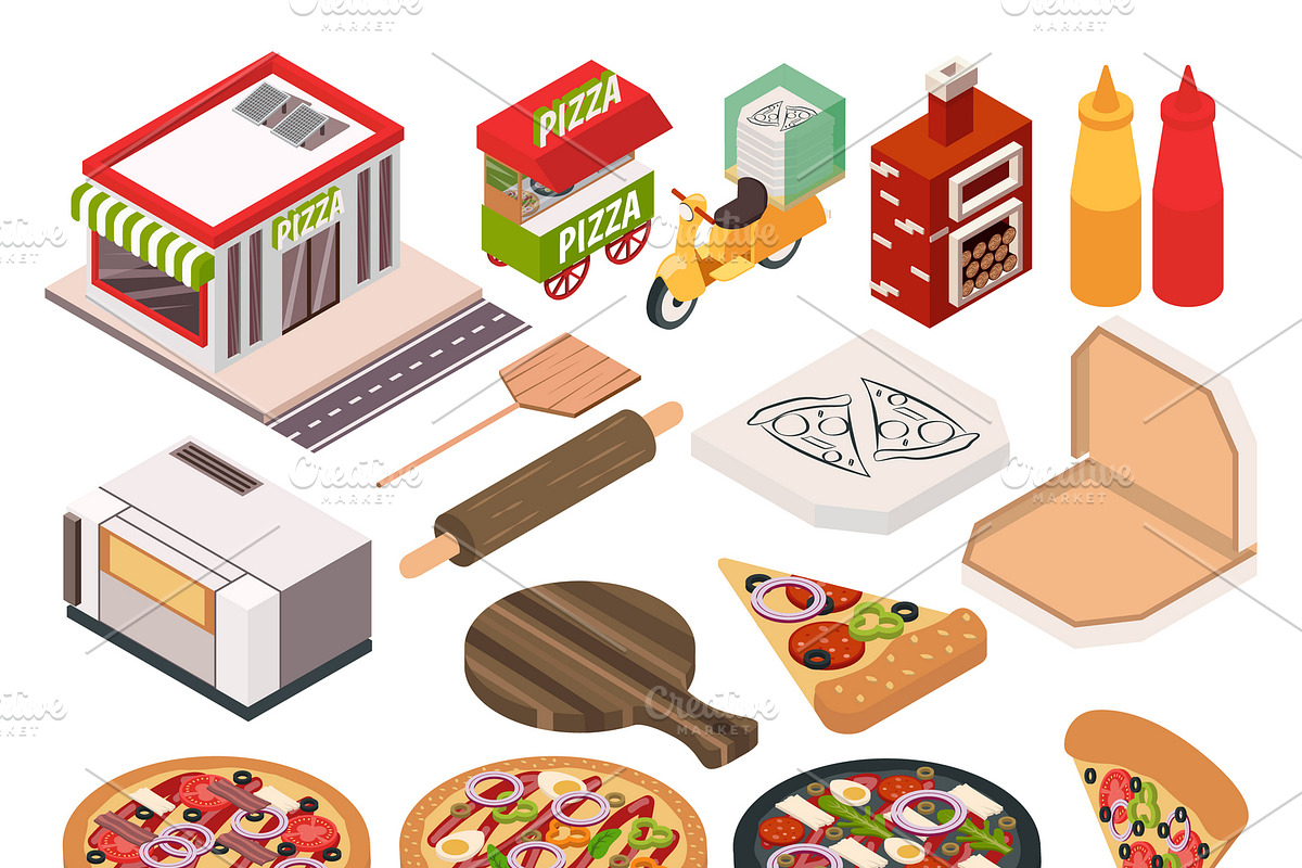 Isometric pizzeria icon set in Icons - product preview 8