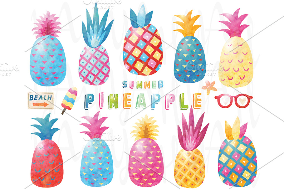 Watercolor Pineapple Elements in Illustrations - product preview 8