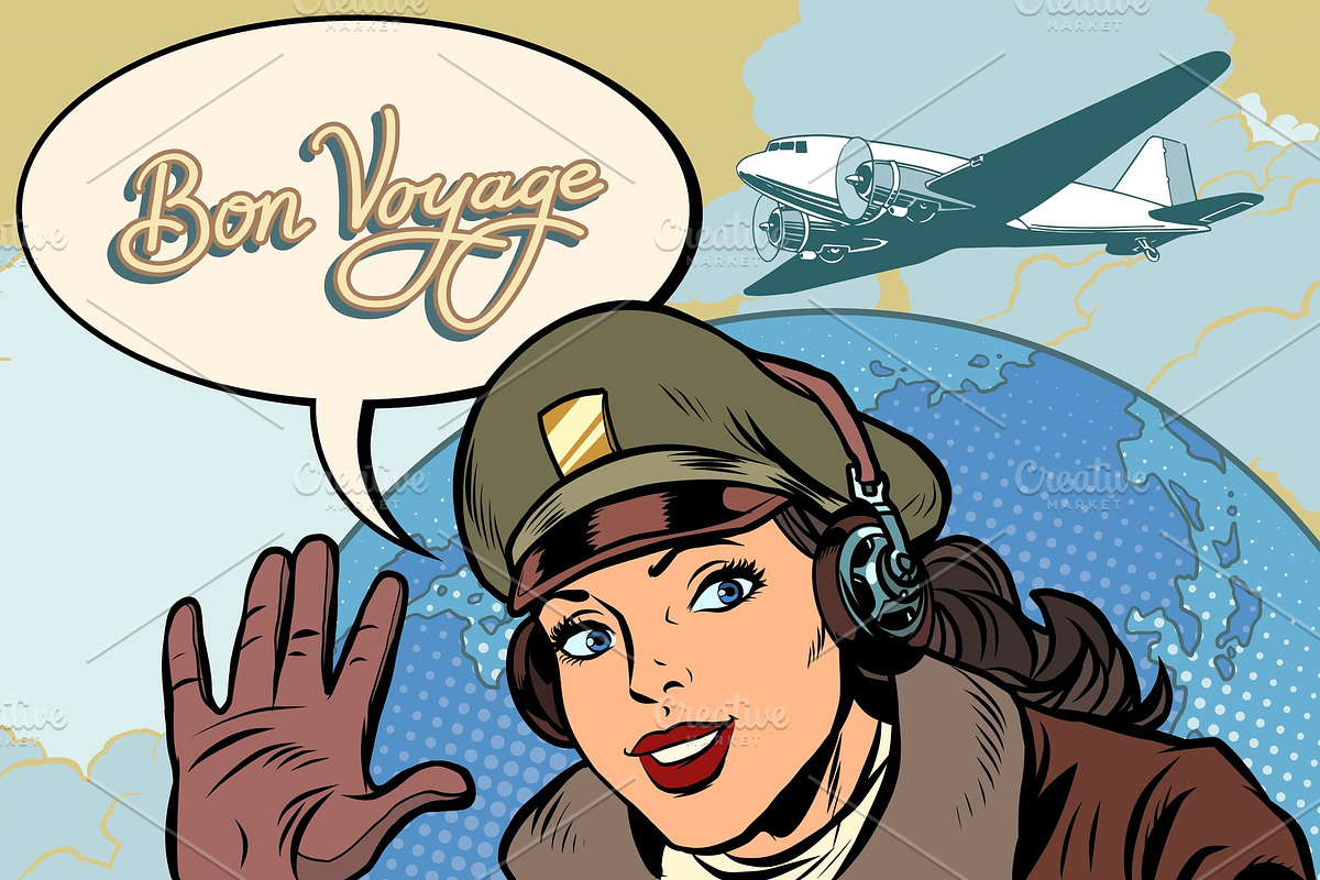 Bon voyage girl woman retro Aviator in Illustrations - product preview 8