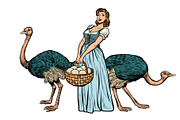 ostrich farm eggs. woman peasant
