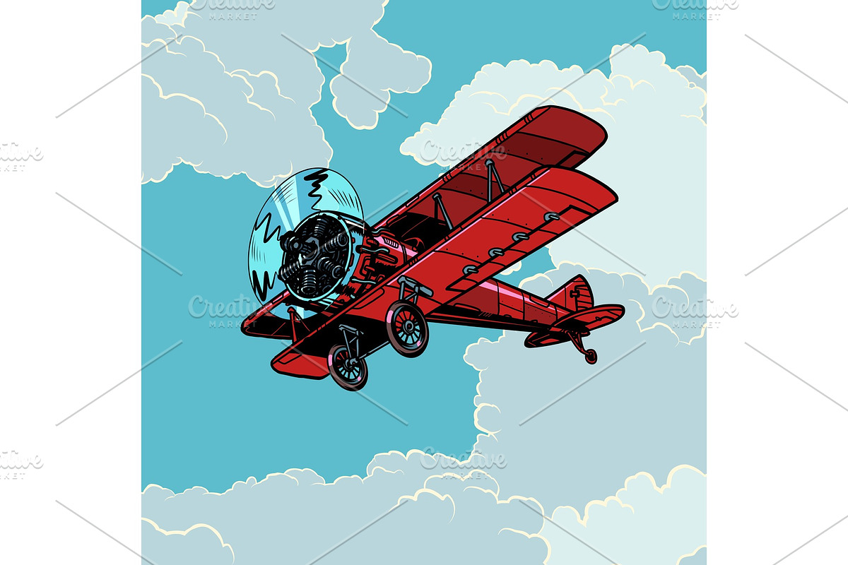 retro biplane plane flying in the in Illustrations - product preview 8